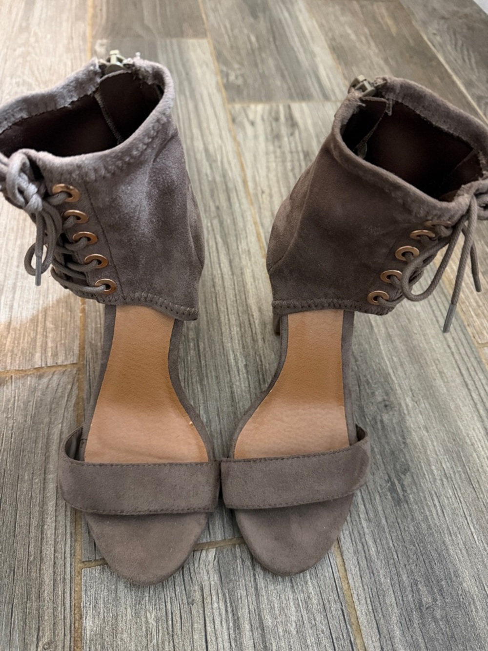 BAMBOO Taupe Suede Lace-Up Ankle Strap Heels